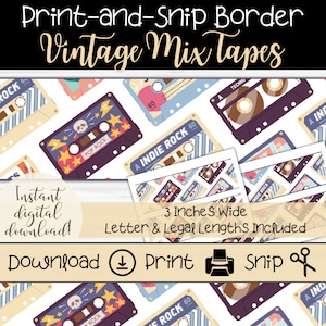 Vintage Bulletin Board Border | Printable Trim | 80&#39;s Mix Tape Theme | Old School Music | Bulletin Board Idea for Teachers