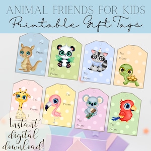 Afdrukbare cadeaukaartjes voor kinderen | Cadeaus en labels voor cadeauzakjes voor kinderen | Tags pastelkleurige dieren en stippen | Kleine afdrukbare cadeaukaartjes voor kinderen