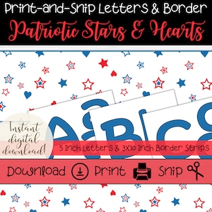 Patriotic Stars and Hearts Bulletin Board Printable Set, Blue Letters and Border for Teachers, Seasonal Accessories for Classroom Signs