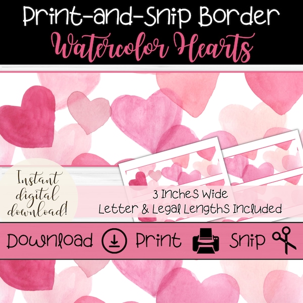 Printable Bulletin Board Border, Watercolor Valentine Hearts Trim for Classroom Boards, DIY Valentine's Day Signs and Banners for Teachers