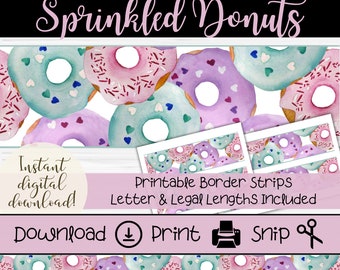 Bandes de bordure pour tableau d'affichage Donut | Accessoires pour enseignants | Jolie bordure de classe | Garniture pour beignets saupoudrés | Décoration imprimable | Paillettes coeur