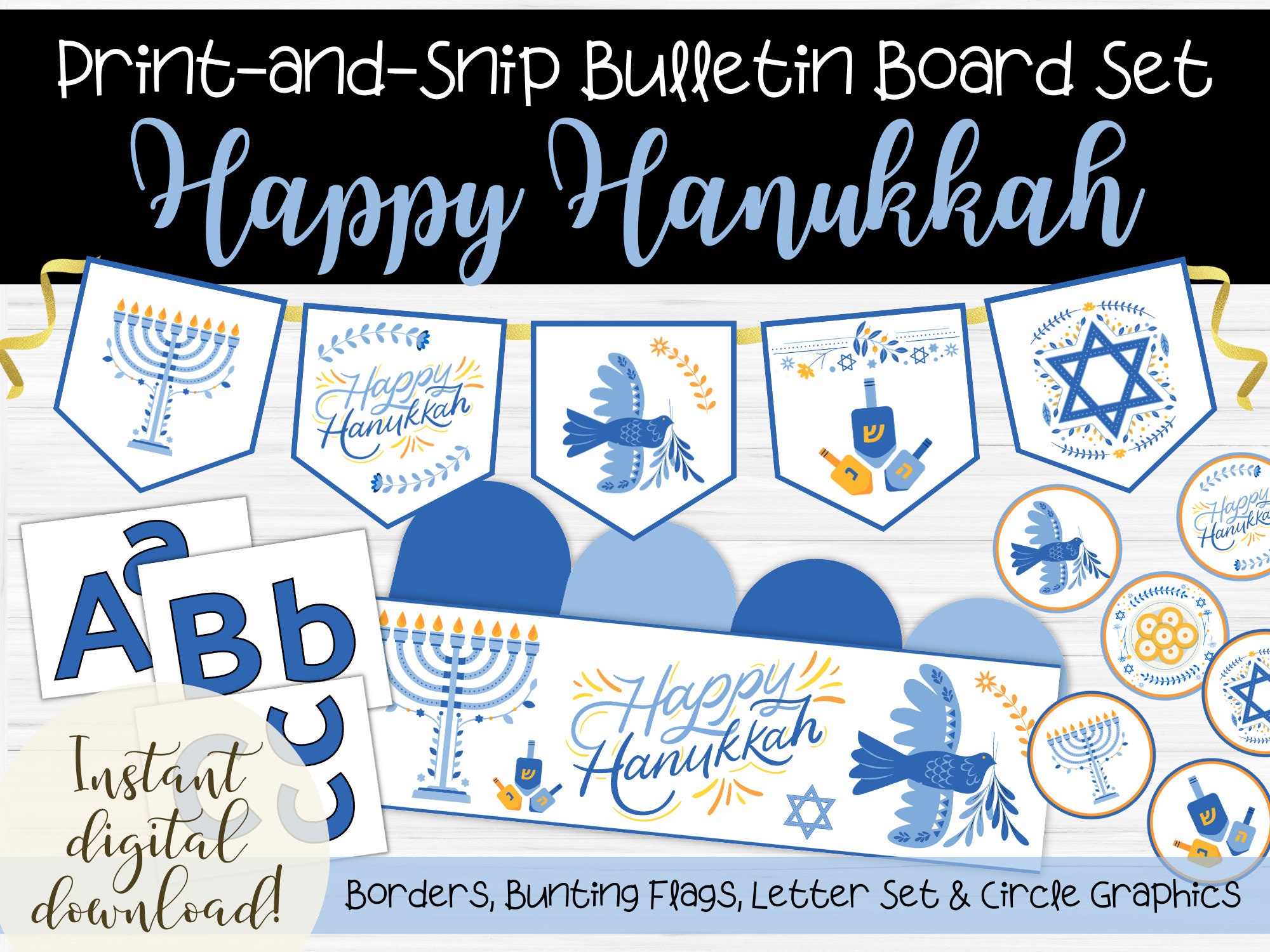 Hanukkah Bulletin Board Theme Set Printable Happy Hanukkah Etsy