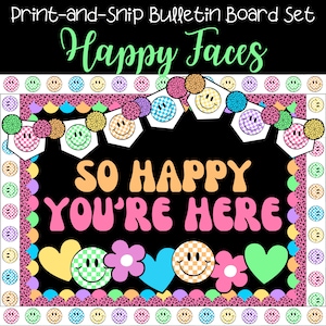Kit de tablón de anuncios con caras felices / Juego de temática retro / Exhibición para la vuelta al cole / Idea de tablón de anuncios imprimible / Decoraciones para aulas de profesores