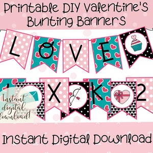 Printable Valentine&#39;s Day Bunting Flags, February Parties and Birthdays, Holiday Signs for Classroom, Pink, Red, Black Polka Dots and Hearts