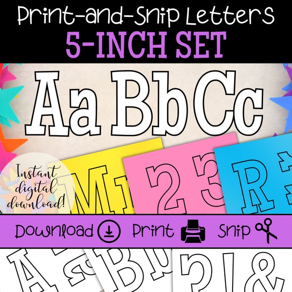Bulletin Board Letter Set | Black Ink Outline | 5 Inch Printable Block Letters | Homemade Signs & Banners | Project Letters | Print at Home