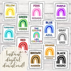 Bilingual Color Posters | Colors of the Rainbow Theme | Printable Classroom Poster Set | Spanish & English | Multicultural | Teaching Colors