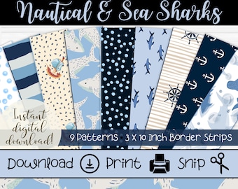 Nautical Bulletin Board Border: Shark & Sailboat Theme (Digital Download PDF File)