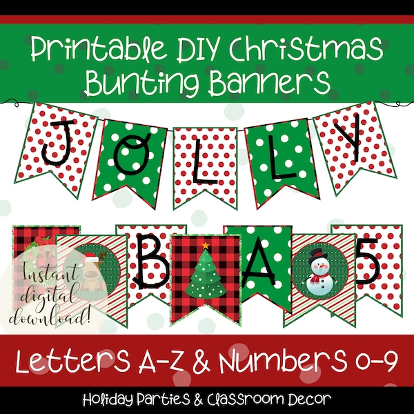 Digital Christmas Holiday DIY Bunting Banner Letters and Numbers, Printable Party Garland, Red and Green Bunting, Snowman and Reindeer Image