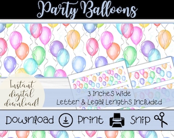 Printable Bulletin Board Border and Birthday Party Sign and Banner Trim, Decorative Classroom Border with Pastel Party Balloon Graphics