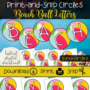 Conjunto de cartas de tablón de anuncios de verano / Tema de pelota de playa / Idea de tablón de anuncios para maestros / Letras redondas imprimibles / Signo de fiesta en la piscina de bricolaje