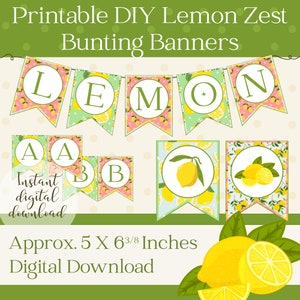May include: Printable DIY Lemon Zest Bunting Banners, a set of printable flags with a lemon theme. The flags feature the word "LEMON" and lemons on a pink and green background. The flags are approximately 5 inches by 6 3/8 inches.