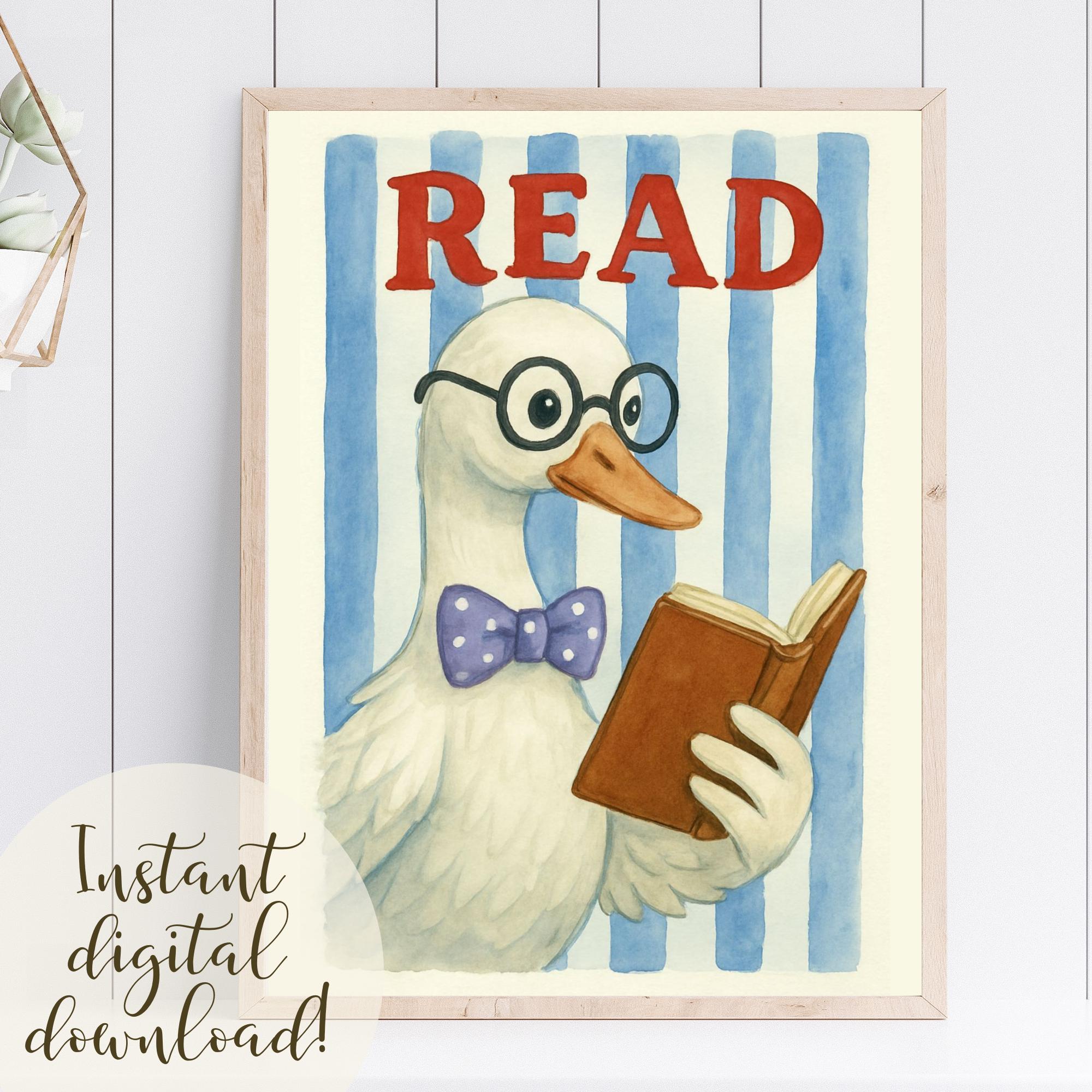 Reading Goose Digital Print, Printable Classroom Poster, Silly Goose, Vintage Book & Bow, Classroom Wall Art, Teacher Decor, Bookish Theme