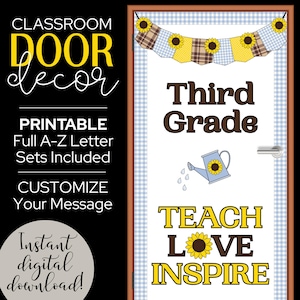 Conjunto de girassóis para porta de sala de aula | Kit de volta às aulas | Conjuntos de letras para impressão, borda | Exposição escolar de primavera e verão | Tema amarelo e marrom