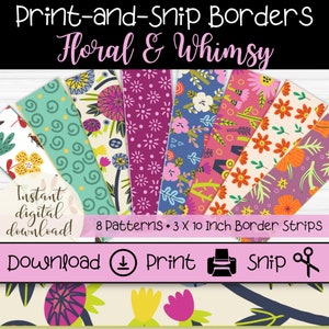 Könnte beinhalten: Acht bedruckbare florale und skurrile Bordürenstreifen, jeweils 7,6 cm x 25,4 cm groß. Die Streifen zeigen eine Vielzahl von bunten Mustern, darunter Blumen, Spiralen und Punkte.