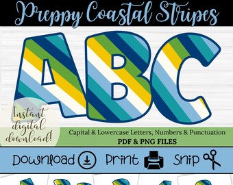 Letras a rayas para el tablón de anuncios del aula: Tema costero preppy (Descargas en PDF y PNG)