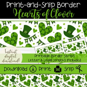Hearts of Clover Bulletin Board Border, Printable St. Patrick&#39;s Day Trim, Green Shamrock Classroom Decor, St. Patty&#39;s Day Theme