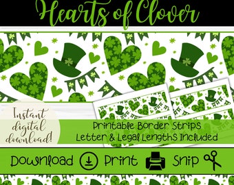 Hearts of Clover Bulletin Board Border, Printable St. Patrick's Day Trim, Green Shamrock Classroom Decor, St. Patty's Day Theme