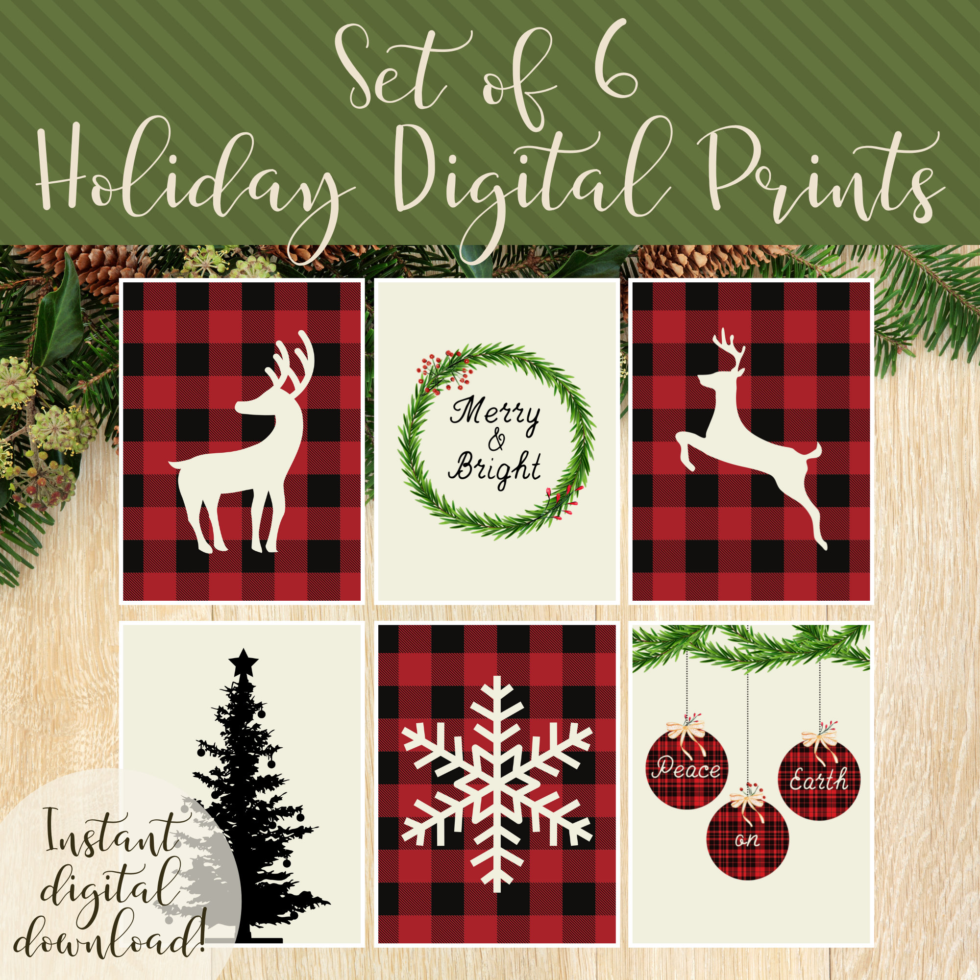 red buffalo plaid christmas prints: reindeer, wreath, tree