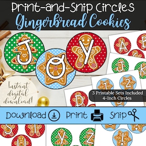 Cartas circulares de galletas de jengibre para tableros de anuncios del aula / Hombre de pan de jengibre navideño, árbol de Navidad y copo de nieve / Conjunto de cartas imprimibles
