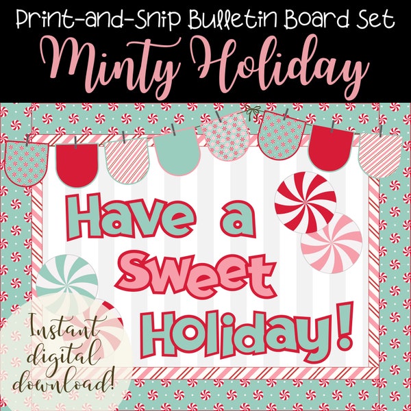 Mint Candy Holiday Bulletin Board Set | Pink, Green & Red Christmas Theme | Whimsical Letters and Festive Borders | Printable Holiday Boards
