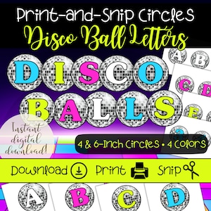 Letras de bola de discoteca retro / Conjunto de letras imprimibles / Tablón de anuncios, carteles y pancartas para fiestas / Tema de aula de moda / Decoraciones de los años 70 y 80
