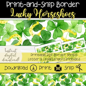 St. Patrick&#39;s Day Bulletin Board Border | Lucky Horseshoes & Green Clovers | March Classroom Trim | Watercolor Shamrocks | Printable Borders