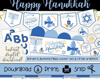 Hanukkah Bulletin Board Set: Printable Borders, Letters, Decorations (Digital PDF)