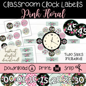 Puede incluir: Etiquetas de reloj de aula con motivos florales rosas sobre fondo negro. El diseño incluye una esfera de reloj, etiquetas de tiempo y las palabras "¡Descarga digital instantánea!" y "¡Dos tamaños incluidos!". Las etiquetas presentan flores rosas y patrones de cuadros vichy.