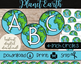 Decorative Planet Earth Letters | Printable Circle Letter Set | Earth Day Decor | Earth Science Teacher | Science Bulletin Board Letters