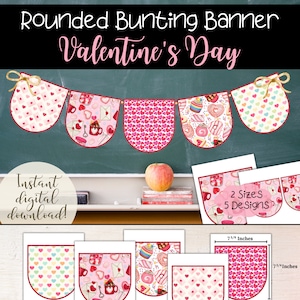 Puede incluir: Una pancarta de banderines imprimible para el Día de San Valentín con cinco diseños diferentes. Los diseños presentan corazones, dulces y otras imágenes con temática del Día de San Valentín. La pancarta está disponible en dos tamaños: 7 3/4 pulgadas y 7 3/4 pulgadas. El texto "¡Descarga digital instantánea!" también se incluye en la imagen.