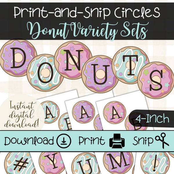 Printable Donut Letter Sets, 4 Inch Circles in Pink, Purple, and Cyan for Classroom Bulletin Boards, DIY Birthday Party Signs and Banners