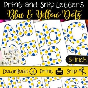 Letras imprimibles para tablón de anuncios en lunares azules y amarillos para profesores de aula, cree pancartas o letreros para fiestas de bricolaje con un juego de letras en PDF