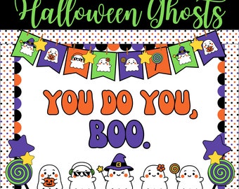 Può includere: Un set di bacheca stampabile per Halloween con simpatici fantasmi con diversi accessori. Il set include uno striscione con il testo "You do you, Boo." e ritagli di fantasmi individuali.