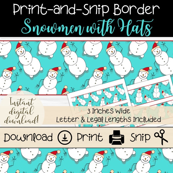 Smiling Snowmen with Hats Bulletin Board Border, Printable Trim for Winter Holiday Classroom Boards, DIY Party Signs and Festive Banners