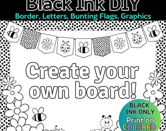 Bulletin Board Kit for Teachers | DIY Black Ink Accessories for Classroom | Printable Border | Alphabet Letter Set | Bunting Banner Flags