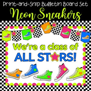 Kit de quadro de avisos para sala de aula | Tema de tênis de cano alto neon | Personalizar mensagem | Exibição de sala de aula para impressão | Conjuntos de letras e bordas brilhantes