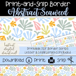 May include: Printable PDF border strips with an abstract seaweed design. The design features colorful seaweed shapes in pastel colors on a white background. Includes letter and legal lengths. The text says "Print-and-Snip Border Abstract Seaweed".