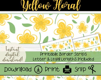 Bordure florale jaune pour babillard | Bandes de bordure imprimables pour la classe | Garniture printemps et été | Fleurs fantaisistes | Décorations pour enseignants