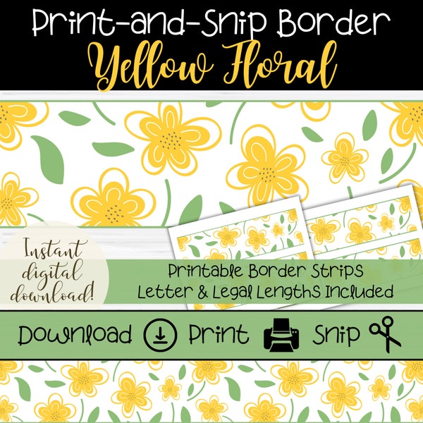 Yellow Floral Bulletin Board Border | Printable Classroom Border Strips | Spring & Summer Trim | Whimsical Flowers | Teacher Decorations