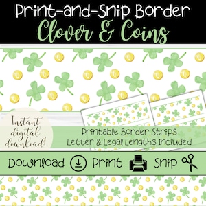 Clover & Gold Coins Bulletin Board Border for St. Patrick&#39;s Day, Watercolor Green Clovers, Printable Border Strips for Teachers, Door Trim
