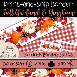 Fall Foliage Garland & Burgundy Gingham Bulletin Board Borders | Printable Fall Borders | Seasonal Classroom Border Strips | Autumn Trim
