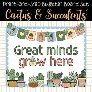 Kit de tablero de anuncios Boho Cactus & Suculent, conjunto de tableros de anuncios de aula imprimible para maestros, colores neutros, conjuntos de letras, banderas de empavesado