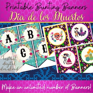 Dia de Los Muertos Bunting Banner Flags / Calaveras de Azúcar Tradicionales Mexicanas / Signo Imprimible / Celebraciones Multiculturales