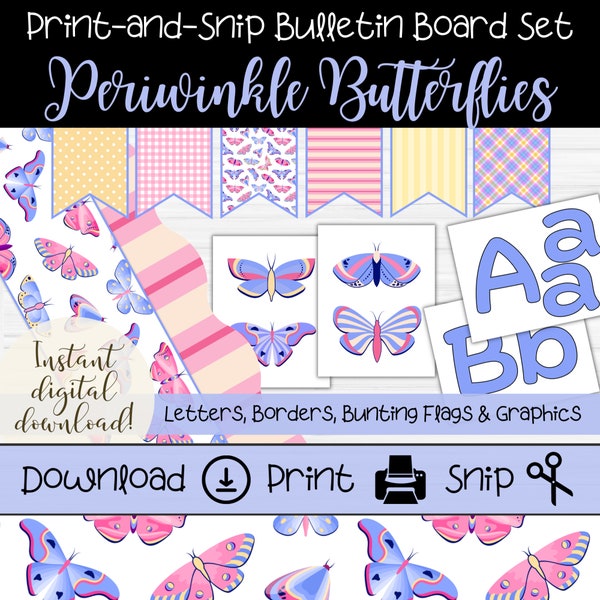Maagdenpalmvlinders Lenteklas Bulletin Board Set bevat afdrukbare letters, randen, vlaggenlijnen en vlinderafbeeldingen