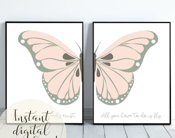 Pink Butterfly Digital Prints | Coordinating Wall Art | Printable Art for Girl's Bedroom | Inspirational Quote | Boho Butterfly Theme