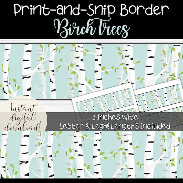 Printable Bulletin Board Border in White Birch Trees Pattern, Print and Cut Trim for Classroom Boards and Displays, DIY School Decorations