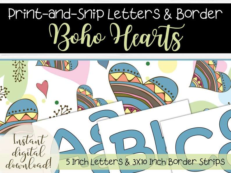Printable Bulletin Board Border and Letter Set in Boho Hearts Pattern