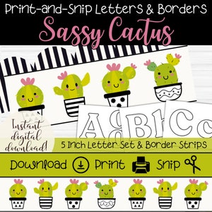 Conjunto de tableros de anuncios de cactus / Conjunto de letras imprimibles de 5 pulgadas y tiras de borde / Accesorios para maestros / Tema de cactus de moda atrevido / Bordes del aula