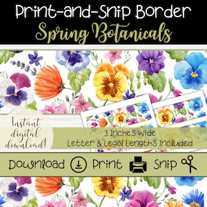 Printable Bulletin Board Border in Spring Garden Botanicals Print, Floral Patterned Trim for Classroom Boards, Displays, and DIY Party Signs