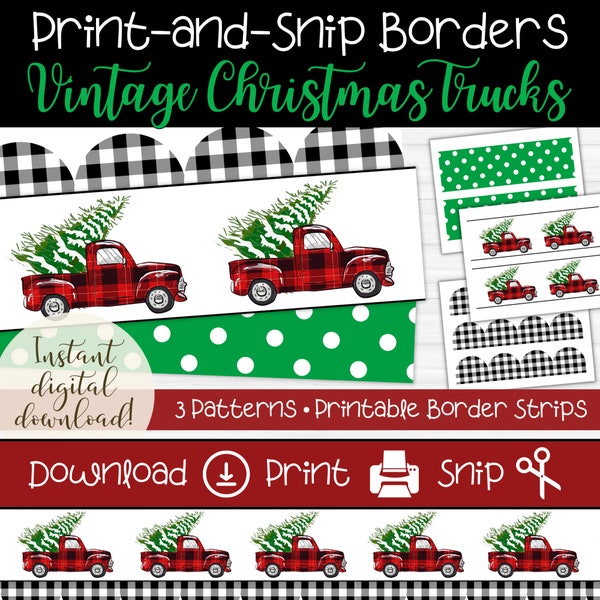 Christmas Holiday Bulletin Board Borders | Printable Border Strips | Vintage Red Christmas Tree Truck Theme | Green & White Polka Dot Trim